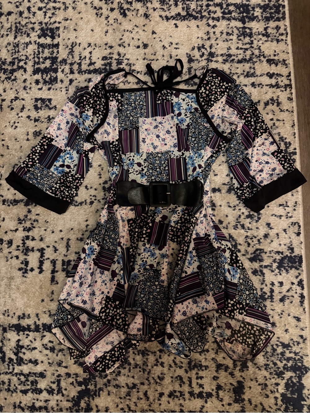 Asymmetrical Patchwork Floral Dress in Multi-Color